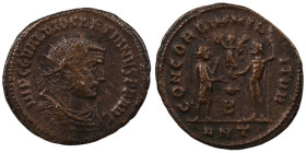 Diocletian. (285 AD). Æ Antoninian. (20mm, 2,80g) Antioch. Obv: IMP C C VAL DIOCLETIANVS P F AVG. radiate cuirassed bust of Diocletian right. Rev: CON...