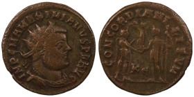 Maximianus. (285-295 AD). Æ Antoninian. (21mm, 3,22g) Antioch. Obv: GAL VAL MAXIMIANVS PF AVG. radiate cuirassed bust right. Rev: CONCORDIA MILITVM. J...