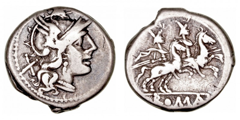 Anónimo
Denario. AR. (200-190 a.C.). A/Cabeza de Roma a der., detrás X. R/Los D...