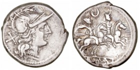 Anónimo
Denario. AR. Roma. (208-206 a.C.). A/Cabeza de Roma a derecha, detrás X. R/Los Dioscuros a caballo a derecha, encima estrellas y creciente, d...