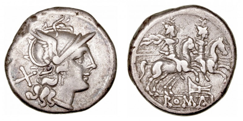 Anónimo
Denario. AR. Roma. (200-190 a.C.). A/Cabeza de Roma a der., detrás X. R...