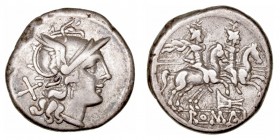 Anónimo
Denario. AR. Roma. (200-190 a.C.). A/Cabeza de Roma a der., detrás X. R/Los Dioscuros a der., encima estrellas y debajo proa de nave, en exer...