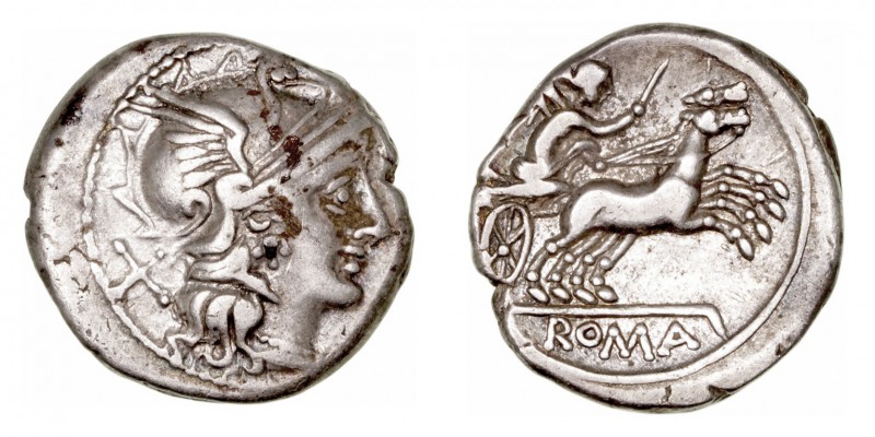 Anónimo
Denario. AR. Roma. (157-156 a.C.). A/Cabeza de Roma a der., detrás X. R...