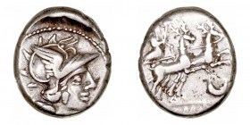 Anónimo
Denario. AR. Roma. (143 a.C.). A/Cabeza de Roma a der., detrás X. R/Diana con látigo en biga arrastrada por ciervos a derecha, debajo crecien...