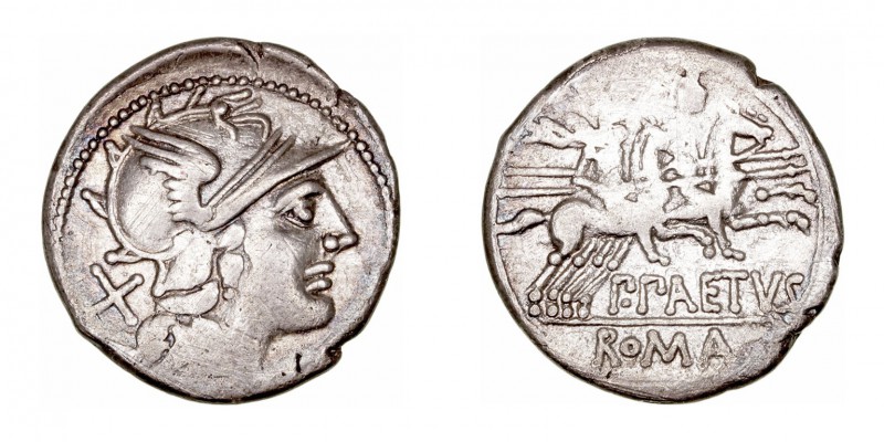 Aelia
Denario. AR. Roma. (138 a.C.). A/Cabeza de Roma a der., detrás X. R/Los D...