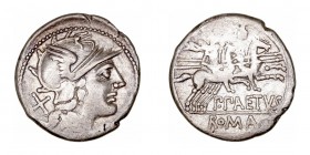 Aelia
Denario. AR. Roma. (138 a.C.). A/Cabeza de Roma a der., detrás X. R/Los Dioscuros a caballo a der., encima estrellas y debajo P.PAETVS, en exer...