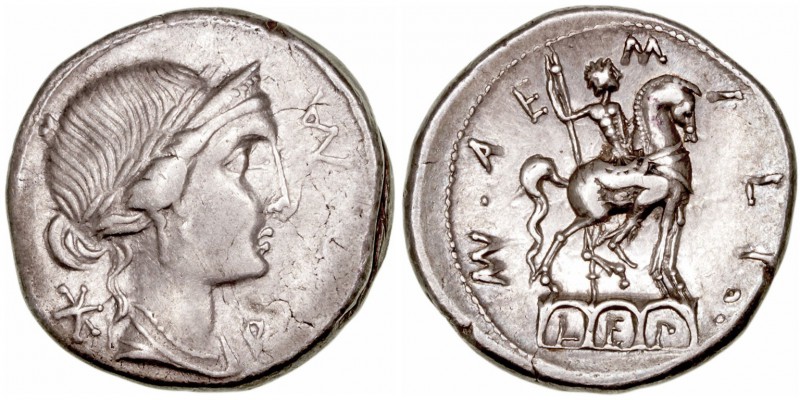 Aemilia
Denario. AR. (114-113 a.C.). A/Cabeza laureada de Roma a der., detrás X...