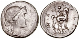 Aemilia
Denario. AR. (114-113 a.C.). A/Cabeza laureada de Roma a der., detrás X y delante (ROMA). R/Estatua ecuestre sobre tres arcos, dentro de ello...