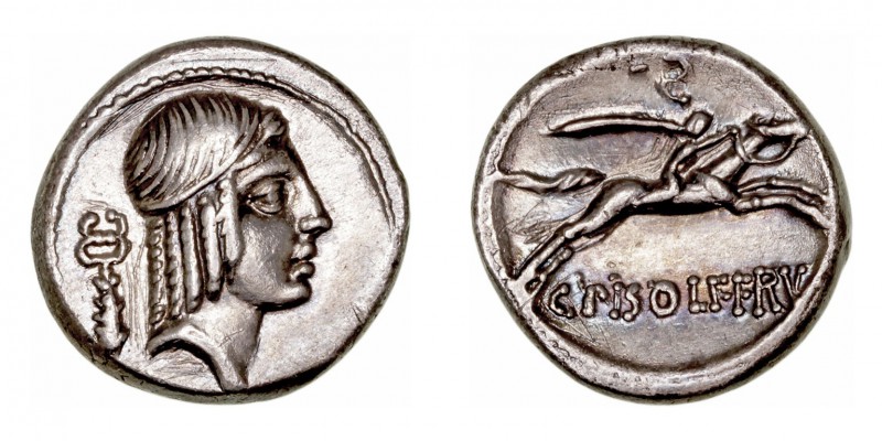 Calpurnia
Denario. AR. Roma. (64 a.C.). A/Cabeza de Apolo a der., detrás caduce...