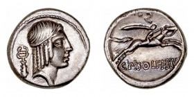 Calpurnia
Denario. AR. Roma. (64 a.C.). A/Cabeza de Apolo a der., detrás caduceo. R/Jinete galopando a der., debajo C' PISO LF FRV. 3.88g. FFC.348. B...