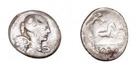Carisia
Denario. AR. Roma. (46 a.C.). A/Busto alado y diademado de perlas de Victoria a der. R/Victoria con corona en biga a derecha, en exergo (T.) ...
