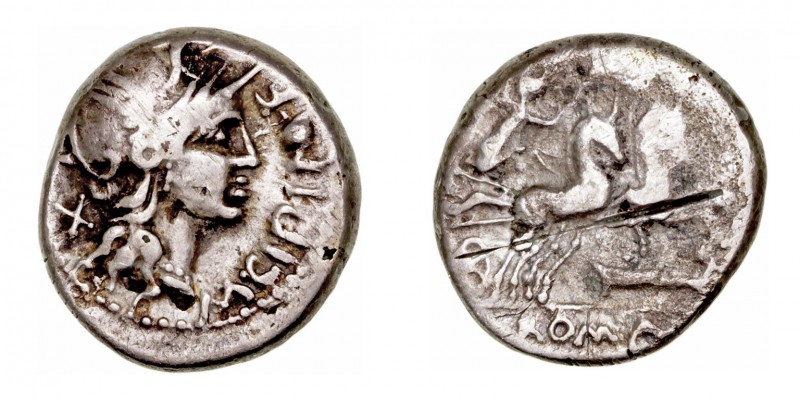 Cipia
Denario. AR. (115-114 a.C.). A/Cabeza de Roma a der., delante M· CIPI M ·...