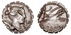 Claudia
Denario. AR. Roma. (79 a.C.). A/Busto diademado de Diana a der., detrás arco y carcaj, delante S.C. R/Victoria con corona y palma en biga a d...