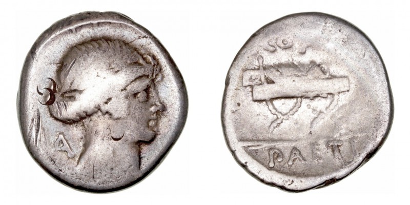 Considia
Denario. AR. Roma. (46 a.C.). A/Cabeza de Apolo a derecha, detrás A. R...