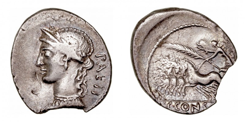 Considia
Denario. AR. Roma. (46 a.C.). A/Cabeza diademada y laureada de Venus a...