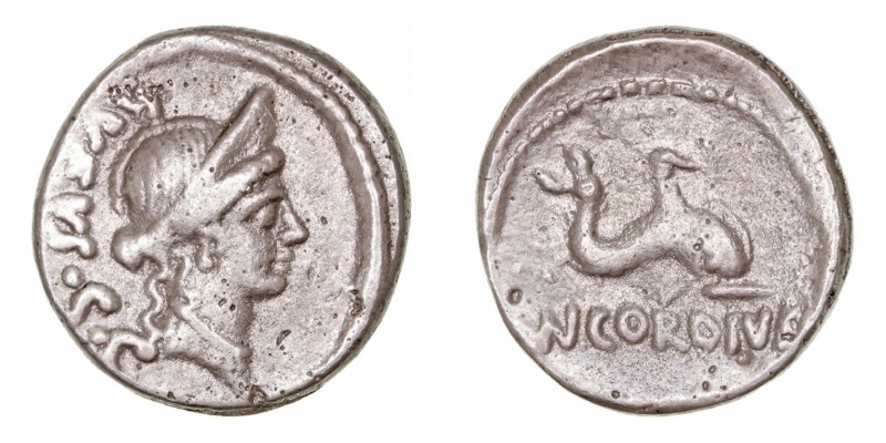 Cordia
Denario. AR. Roma. (46 a.C.). A/Cabeza diademada de Venus a der., detrás...