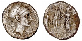 Cornelia
Denario. AE. (112-111 a.C.). Forrado. A/Cabeza de Escipión el Africano, encima estrella, detrás símbolo y debajo ley. R/Júpiter de pie, con ...