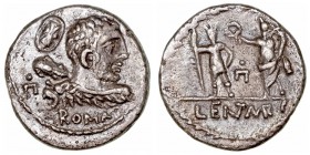 Cornelia
Denario. AR. Roma. (100 a.C.). A/Busto de Hércules con maza a der., detrás escudo oval, detrás y debajo ROMA. R/Roma en pie a izq. coronada ...