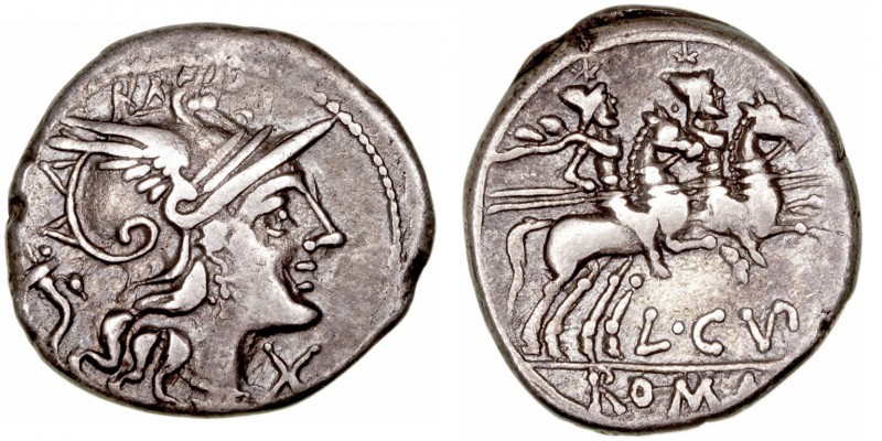 Cupiennia
Denario. AR. Roma. (147 a.C.). A/Cabeza de Roma a der., delante X y d...