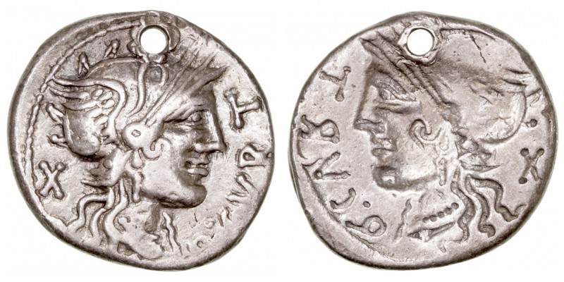 Curtia
Denario. AR. (116-115 a.C.). A/Cabeza de Roma a der., detrás X, delante ...
