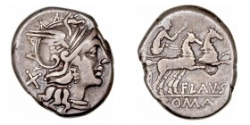 Decimia
Denario. AR. Roma. (150 a.C.). A/Cabeza de Roma a der., detrás X. R/Diana en biga a der., debajo FLAVS y en exergo ROMA. 3.58g. FFC.673. Hoji...