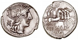 Maenia
Denario. AR. Roma. (132 a.C.). A/Cabeza de Roma a der., detrás X. R/Victoria con corona en cuadriga a der., debajo P · MAE ANT, en exergo ROMA...