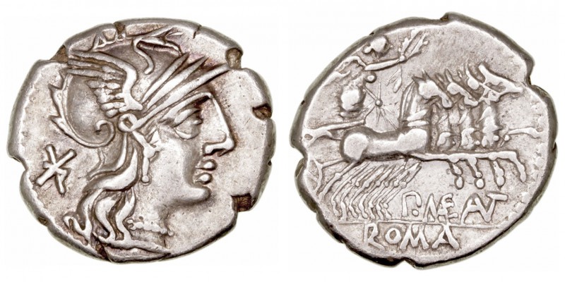 Maenia
Denario. AR. Roma. (132 a.C.). A/Cabeza de Roma a der., detrás X. R/Vict...