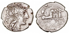 Maenia
Denario. AR. Roma. (132 a.C.). A/Cabeza de Roma a der., detrás X. R/Victoria con corona en cuadriga a der., debajo P · MAE ANT. y en exergo RO...