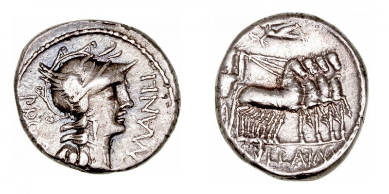 Manlia
Denario. AR. (82 a.C.). A/Cabeza de Roma a der., delante L· MANLI, detrá...