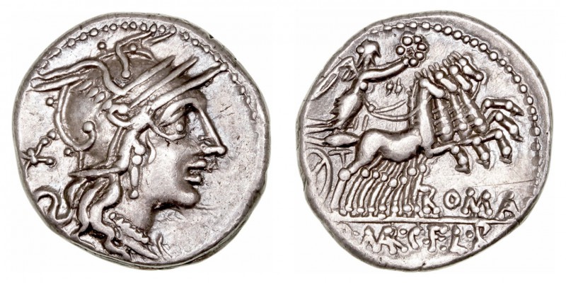 Marcia
Denario. AR. (118-117 a.C.). A/Cabeza de Roma a der., detrás X. R/Victor...