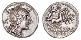 Marcia
Denario. AR. (118-117 a.C.). A/Cabeza de Roma a der., detrás X. R/Victoria en cuadriga a der. con corona, debajo ROMA y en exergo Q. MAR. C. F...
