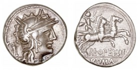 Opimia
Denario. AR. Roma. (131 a.C.). A/Cabeza de Roma a der., delante X y detrás trípode. R/Apolo con arco y flechas en biga a der., debajo M. OPEIM...