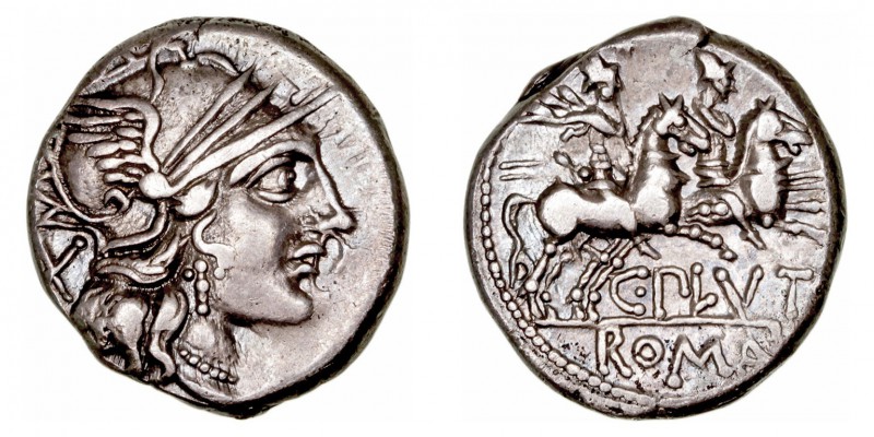 Plutia
Denario. AR. Roma. (121 a.C.). A/Cabeza de Roma a der., detrás X. R/Los ...