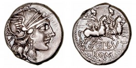 Plutia
Denario. AR. Roma. (121 a.C.). A/Cabeza de Roma a der., detrás X. R/Los Dioscuros a caballo a der., encima estrellas, debajo C·PLVT y en exerg...