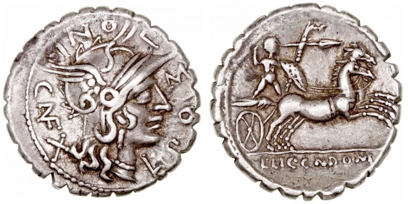 Pomponia
Denario. AR. (118 a.C.). A/Cabeza de Roma a der., detrás X y alrededor...
