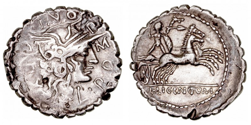 Pomponia
Denario. AR. (118 a.C.). A/Cabeza de roma a der., alrededor ley. R/Gue...