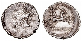 Pomponia
Denario. AR. (118 a.C.). A/Cabeza de roma a der., alrededor ley. R/Guerrero con escudo y carnyx, en biga a derecha lanzando una jabalina, en...
