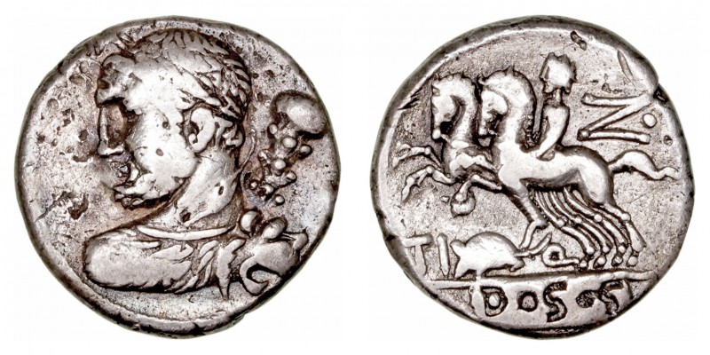 Quinctia
Denario. AR. (112-111 a.C.). A/Busto laureado de Hércules con piel de ...