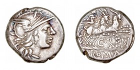 Renia
Denario. AR. Roma. (138 a.C.). A/ Cabeza de Roma a der., detrás X. R/Juno Caprotina en biga a der. arrastrada por machos cabríos, debajo C. REN...