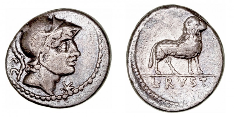 Rustia
Denario. AR. Roma. (76 a.C.). A/Cabeza de Marte a der., delante X y detr...
