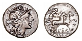Saufeia
Denario. AR. Roma. (152 a.C.). A/Cabeza de Roma a der., detrás X. R/Victoria con látigo en biga a der., debajo L. SAVF y en exergo ROMA. 3.63...