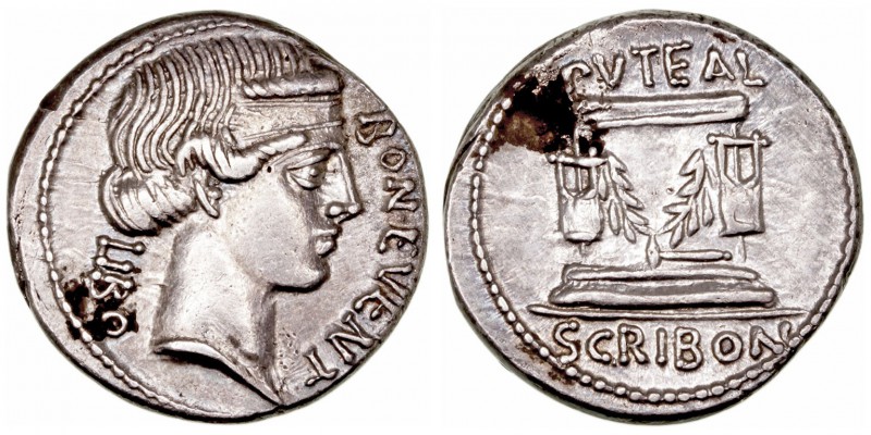 Scribonia
Denario. AR. Roma. (62 a.C.). A/Cabeza diademada de Bonus Eventus a d...