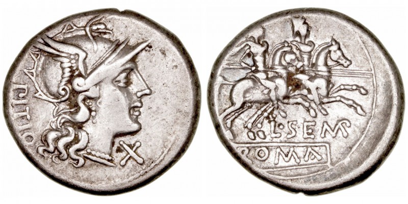 Sempronia
Denario. AR. Roma. (148 a.C.). A/Cabeza de Roma a der., delante X y d...