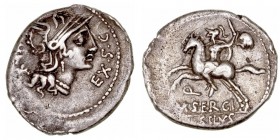 Sergia
Denario. AR. (116-115 a.C.). A/Cabeza de Roma a der., detrás (ROMA X) y delante EX· S·C. R/Jinete con espada a izq., en el campo cabeza de gal...