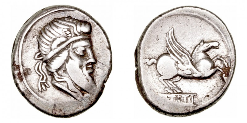 Titia
Denario. AR. (90 a.C.). A/Cabeza del dios Mutinus Titimus a der. R/Pegaso...