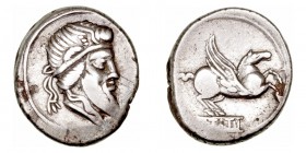 Titia
Denario. AR. (90 a.C.). A/Cabeza del dios Mutinus Titimus a der. R/Pegaso a der., debajo (Q) TITI en tabilla. 3.81g. FFC.1142. MBC/MBC-.