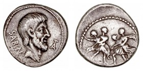 Tituria
Denario. AR. Roma. (89 a.C.). A/Cabeza del rey Tatius a der., delante TA en monograma, detrás SABIN. R/Dos guerreros romanos con dos Sabinas ...