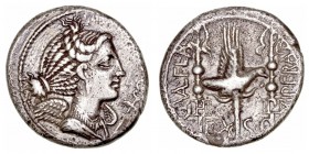 Valeria
Denario. AR. (82 a.C.). A/Busto alado de la Victoria a der., delante caduceo. R/Águila legionaria entre insignias, alrededor ley. 3.67g. FFC....