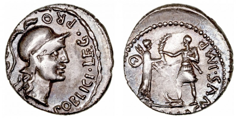 Pompeyo Magno
Denario. AR. (46-45 a.C.). Acuñación hispana. A/ Cabeza con casco...