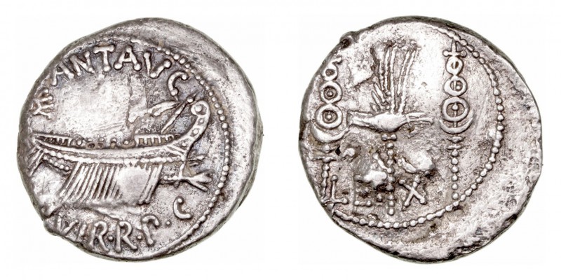 Marco Antonio
Denario. AR. (32-31 a.C.). A/Galera pretoriana a der., alrededor ...